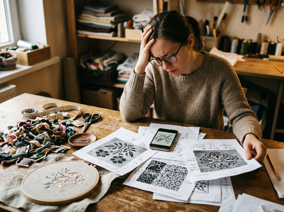 Mesa de ateliê com papéis embaçados e desenhos desordenados da internet